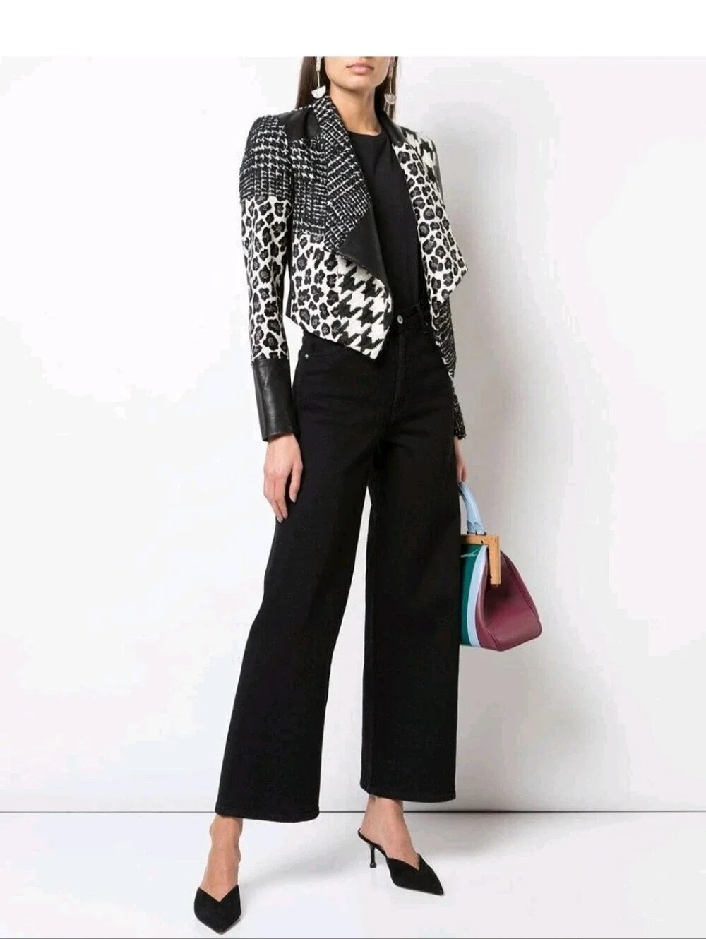 Alice + Olivia Harvey Leather Patchwork Draped Lapel Blazer Size Small $695